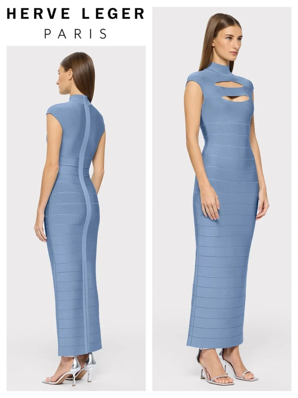 Hervé Léger Cap Sleeve Cut-Out Gown